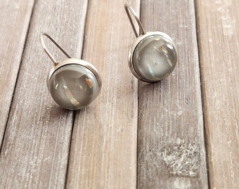 minimalist earrings, gray dichroic fusion glass, easy to put on, stainless steel, 7/8" height. (22mm.), handmade