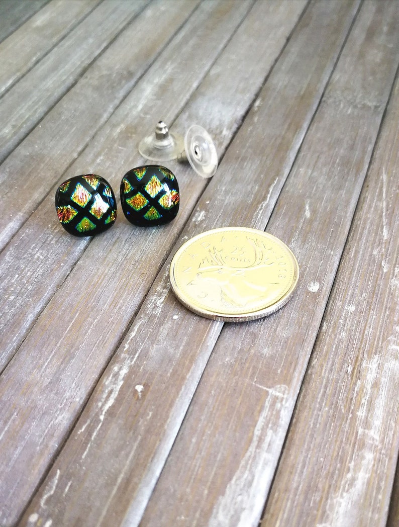 earrings, dichroic fusion glass, shiny copper gold diamond on black background, hand cut, stainless steel, less 1/2 in. 11.9mm. image 3