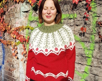 Hand knit Icelandic sweater with loads of flower power