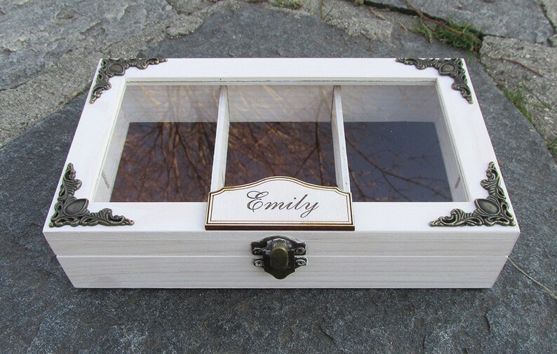 Wooden tea box with glass display,Personalized Wooden Box,Wooden Jewelry Box,Customized Names Engrave