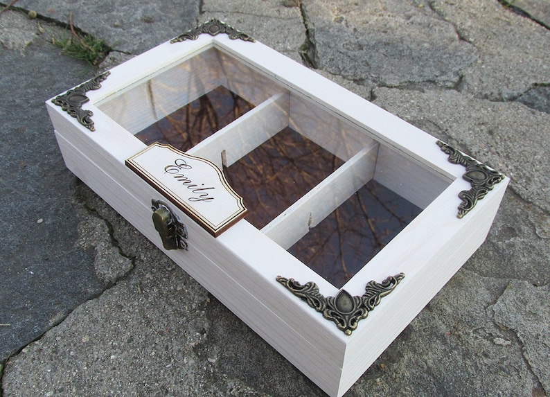 Wooden tea box with glass display,Personalized Wooden Box,Wooden Jewelry Box,Customized Names Engrave