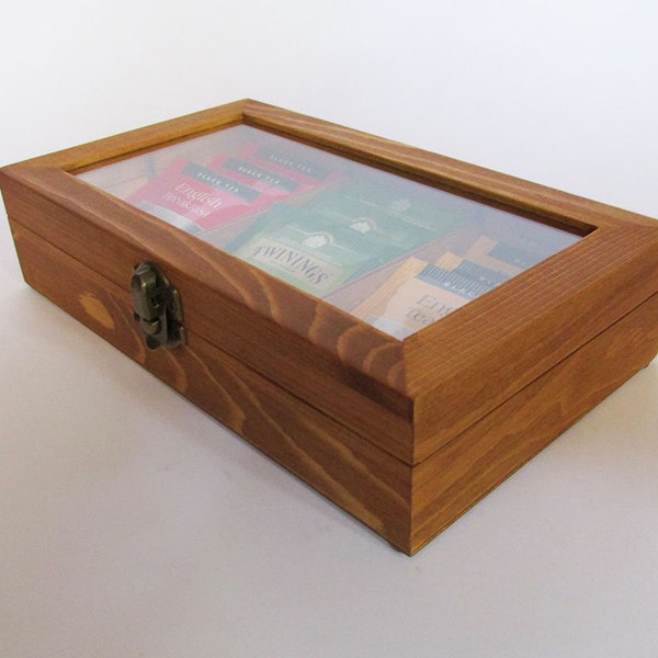 Holz-Tee-Box mit Glas-Display Holz-Box Tee-Aufbewahrung Schmuck-Box Aufbewahrung Box Schmuck Lagerung Teak Farbe