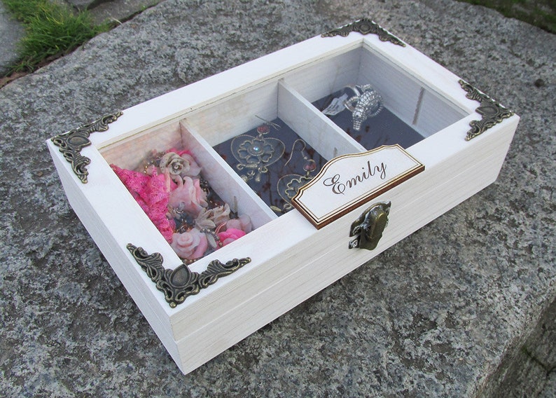 Wooden tea box with glass display,Personalized Wooden Box,Wooden Jewelry Box,Customized Names Engrave