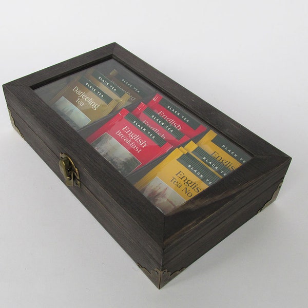 Holz Teedose mit Glas display Holzbox Tee aufbewahrung Schmuckbox Aufbewahrungsbox Schmuck aufbewahrung schwarz bunt