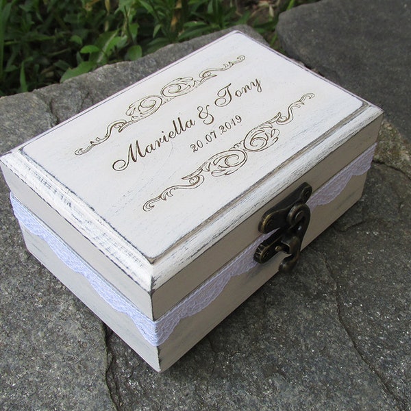 Engraved Wedding Ring Box Bridesmaids gift Box Personalized Box Wedding Ring Holder Rustic Ring Pillow Wooden Ring Box  White Color