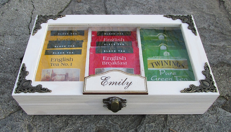 Wooden tea box with glass display,Personalized Wooden Box,Wooden Jewelry Box,Customized Names Engrave