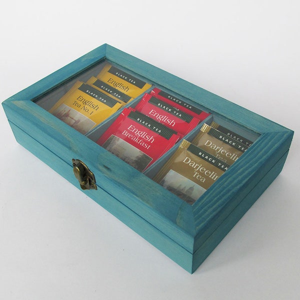 Holz-Tee-Box mit Glas-Display Holz-Box Tee-Aufbewahrung Schmuck-Box Aufbewahrung Box Schmuck Lagerung blaue Farbe