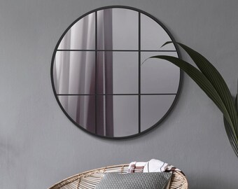 MirrorOutlet Circulus Black Metal Framed Round Window Wall Mirror 31" X 31" (80x80CM)