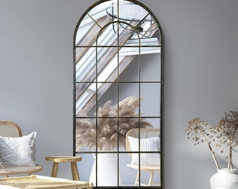 MirrorOutlet Arcus - Antique Black Framed Arched Window Leaner/Wall Mirror 71" X 33.5" (180x85CM)