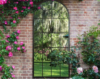 Large Black Multi Panelled Garden Outdoor Mirror Arched Window 2 sizes - 140cm x 65cm or 160cm x 75cm