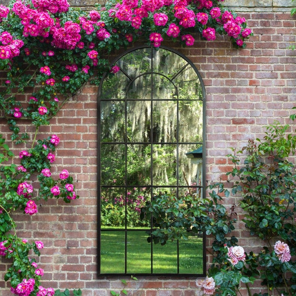 Large Black Multi Panelled Garden Outdoor Mirror Arched Window 2 sizes - 140cm x 65cm or 160cm x 75cm