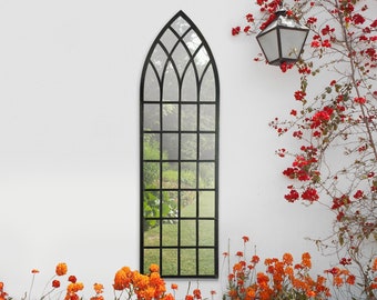 Large Metal Arched Black Outdoor Garden Mirror Frost Protected 2 sizes - 140cm x 40cm or 160cm x 48cm