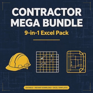 May include: A digital graphic titled CONTRACTOR MEGA BUNDLE 9-in-1 Excel Pack. The dark blue background features a faint architectural blueprint. Icons include a yellow hard hat, a white grid with checkmarks and dollar signs, and yellow blueprints.