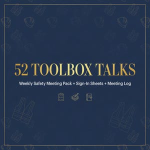 May include: A dark blue digital document cover featuring the gold text 52 TOOLBOX TALKS and Weekly Safety Meeting Pack + Sign-In Sheets + Meeting Log. The background displays a repeating pattern of safety vests and hard hats in gold line art.