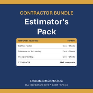 Puede incluir: Un paquete digital para contratistas titulado Estimator's Pack sobre un fondo azul oscuro con detalles dorados. Enumera tres plantillas: Job Cost Tracker, Subcontractor Bid Leveling y Change Order Log, disponibles en formatos Excel y Sheets.