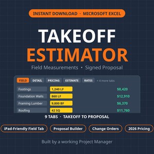 May include: A digital Microsoft Excel takeoff estimator template featuring a dark grid background. The interface displays construction categories like footings, foundation walls, framing lumber, and roofing with associated data fields and pricing.