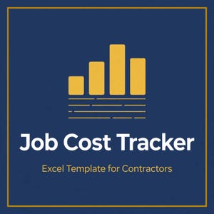Puede incluir: Un gráfico digital azul oscuro que presenta un icono de gráfico de barras amarillo sobre el texto blanco Job Cost Tracker y el texto amarillo Excel Template for Contractors, todo encerrado en un borde rectangular amarillo sobre fondo azul.