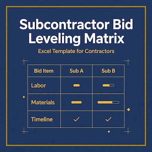 Puede incluir: Un gráfico digital azul oscuro titulado Subcontractor Bid Leveling Matrix Excel Template for Contractors. Presenta una tabla con columnas para Bid Item, Sub A y Sub B, comparando Labor, Materials y Timeline con marcas de verificación y barras.