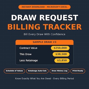 May include: A digital Microsoft Excel Draw Request Billing Tracker template on a dark background. It displays text including Draw Request Billing Tracker, Sample Draw #3, Contract Value $250,000, This Draw $38,500, Less Retainage $3,850, and feature labels.