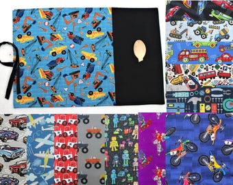 Cotton placemats featuring Trucks, Airplanes, Helicopters, Firefighters, and Robots, with or without embroidered messages, perfect for lunch boxes, outdoor activities, schools, daycares, etc. LIMITED EDITION