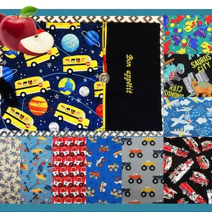 Cotton placemat Truck, Plane, Helicopter, Fireman, Dino, Car with embroidered message or not, for lunch box, outdoors, school, daycare etc. LIMITED
