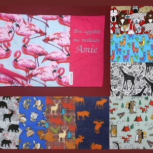 Animal flannel placemat for lunch box, at work, outdoors, school, daycare, CHSLD, home etc.