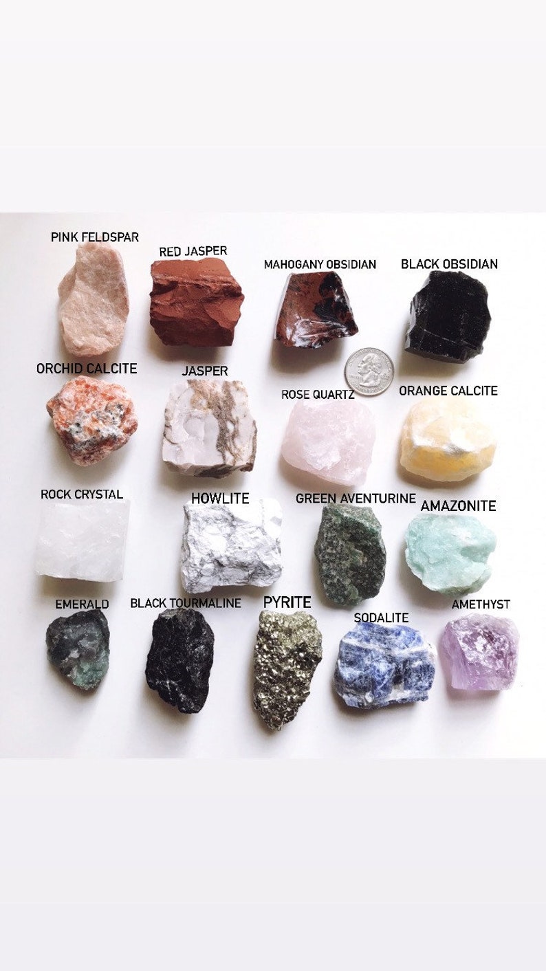 May include: A collection of 15 different types of crystals and gemstones, including pink feldspar, red jasper, mahogany obsidian, black obsidian, orchid calcite, jasper, rose quartz, orange calcite, rock crystal, howlite, green aventurine, amazonite, emerald, black tourmaline, pyrite, amethyst, and sodalite.