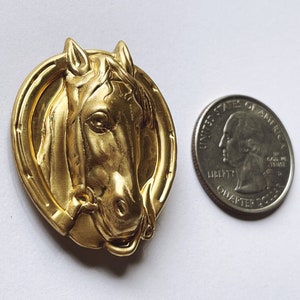 May include: A gold-toned metal pin featuring a detailed horse head design within a horseshoe shape.