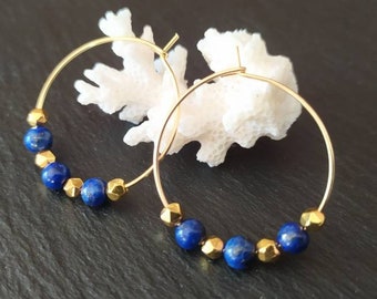 Hoop earrings in gold stainless steel and Lapis lazuli - Concentration, lucidity, analytical mind