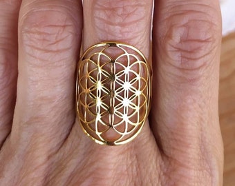 Adjustable gold flower of life ring in stainless steel