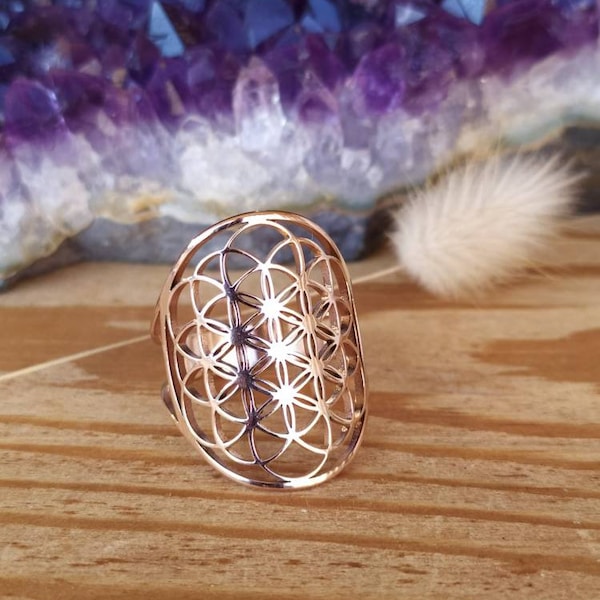 Ring „Blume des Lebens“ aus Roségold, verstellbar, aus Edelstahl