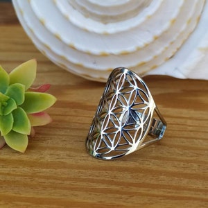 Flower of life ring in resizable silver stainless steel