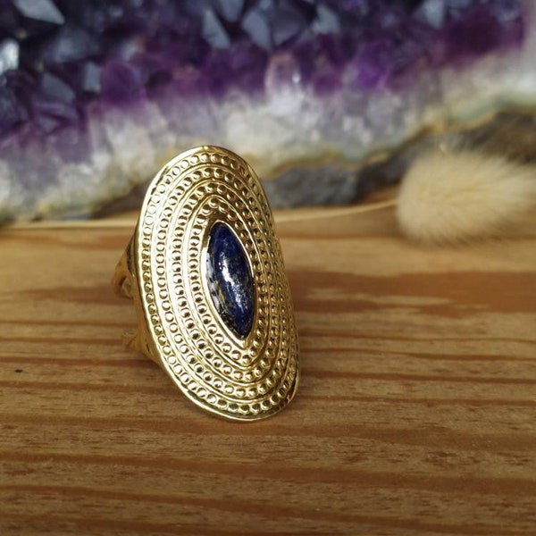 Bague Lapis lazuli réglable en acier inoxydable doré