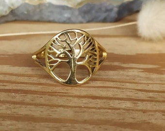 Adjustable Tree of Life ring in golden stainless steel