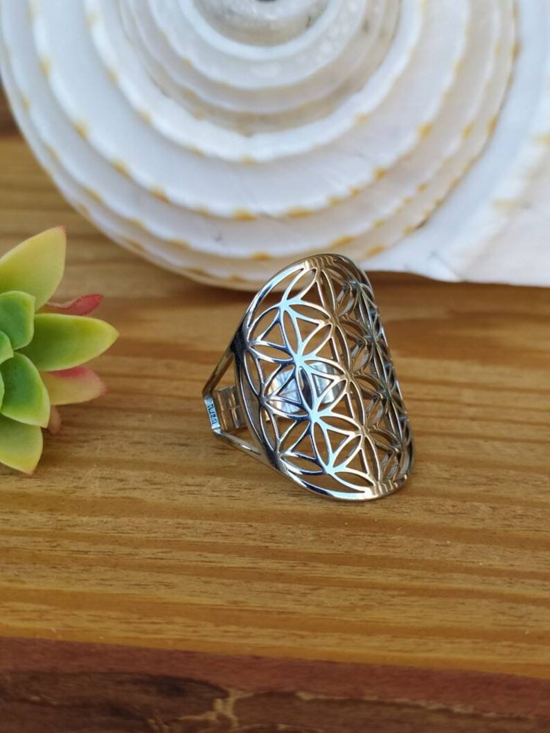 Resizable Silver Stainless Steel Flower of Life Ring image 7