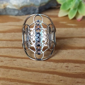 Srebrny pierścień ze stali nierdzewnej Metatron's Cube z możliwością zmiany rozmiaru