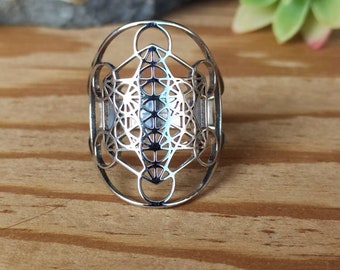 Metatron's Cube ring in silver stainless steel, resizable