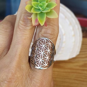 May include: A silver ring with a geometric flower of life design. The ring is worn on a finger.