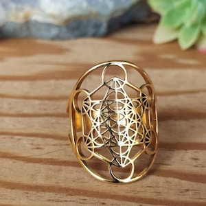 Bague cube de Métatron en acier inoxydable doré redimensionnable