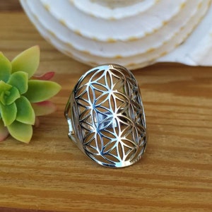 May include: A silver ring with a geometric flower of life design.