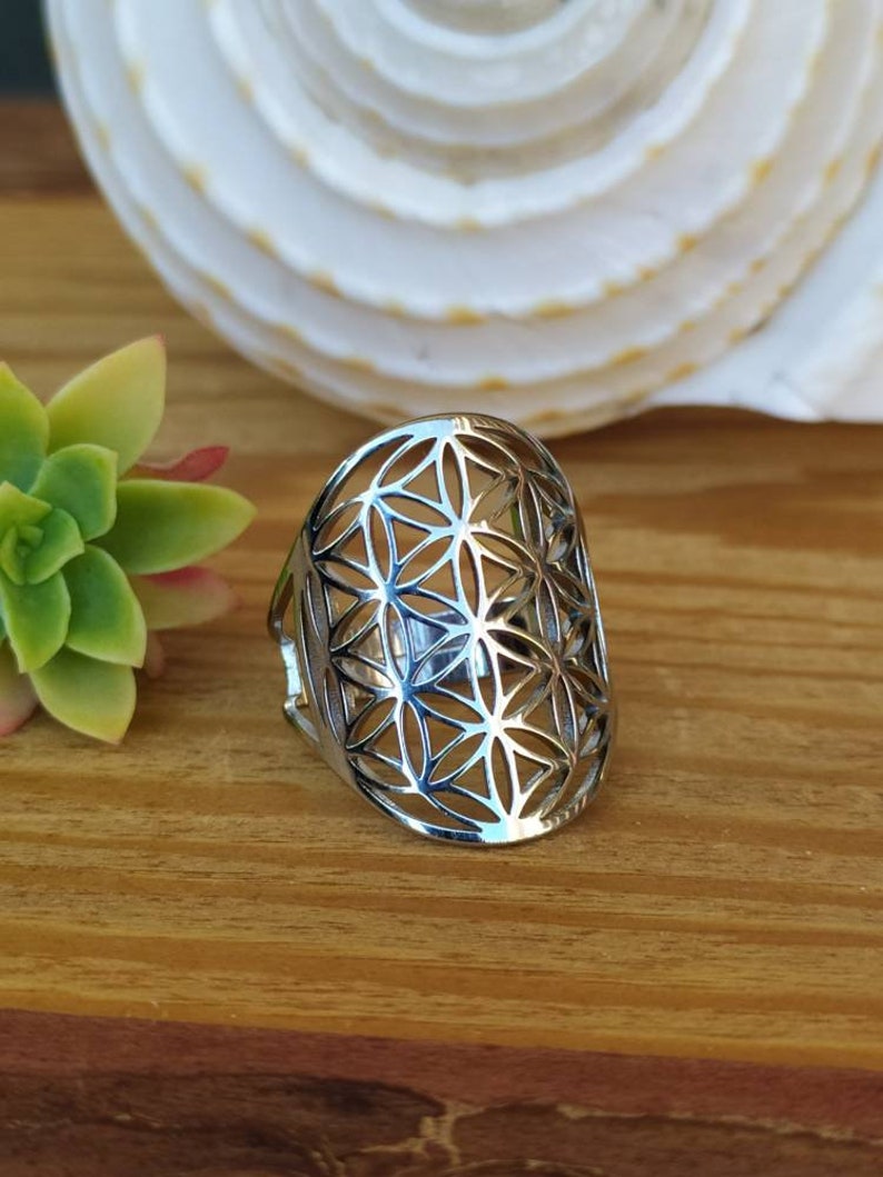 May include: A silver ring with a geometric flower of life design.