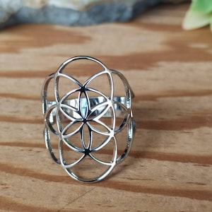 Bague graine de vie en acier inoxydable argenté redimensionnable