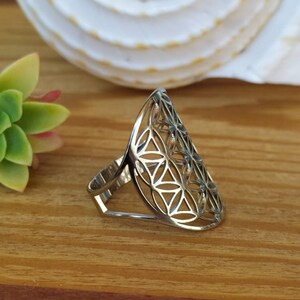 May include: A silver ring with a geometric design in the shape of a flower of life. The ring is open and adjustable.