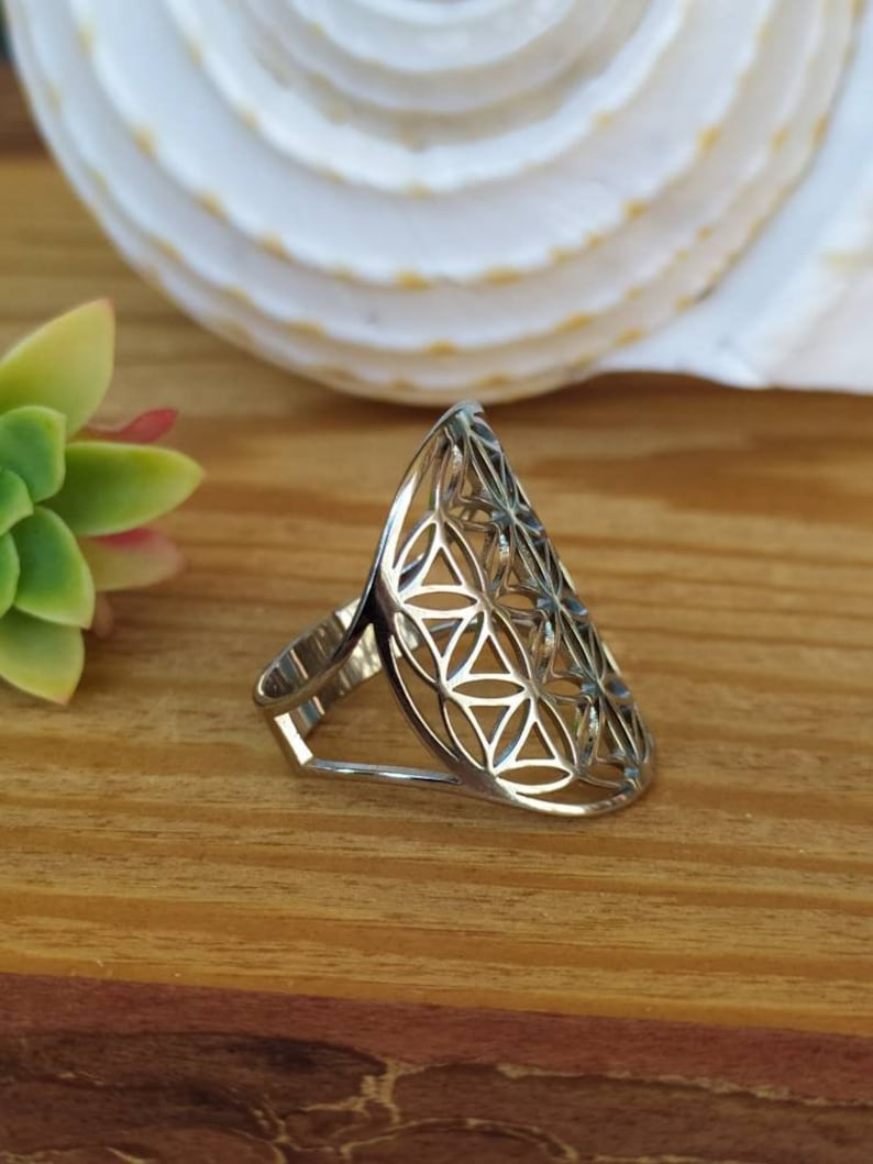 May include: A silver ring with a geometric design in the shape of a flower of life. The ring is open and adjustable.
