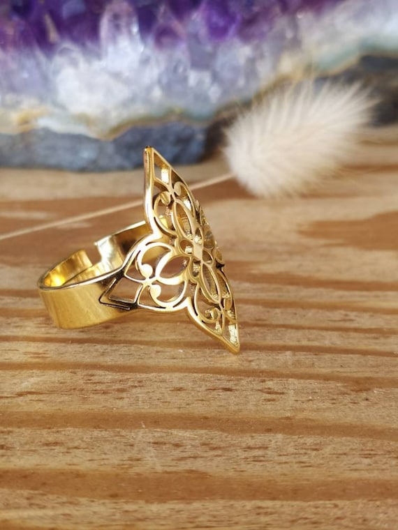 Bague Mandala reglable en acier inoxydable dore Etsy France