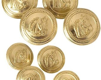 set of 8 Metal  GOLD coloured Horse Head Buttons  4 lge  4 smaller Ideal for jacket front and sleeve, or 2 cardigans