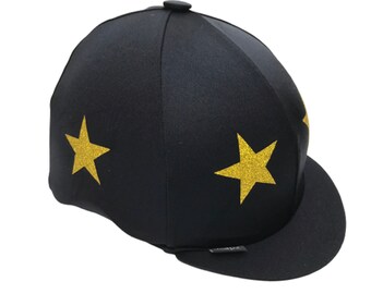 Riding Hat Cover Equestrian Horse Skull Cap Cover Black With Gold Glitter Stars Bicycle Helmet Cover One Size Fits All