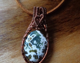 Ocean jasper wire weave pendant/Green flower white ocean jasper//flower cog ocean jasper jewelry/ Men pendant/Women pendant