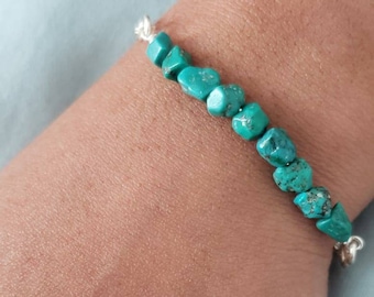 Blue green genuine  turquoise bar bracelet/December stone / silver bracelet/Ships from USA Turquoise gem bar bracelet/gift