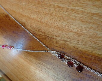 Lariat garnet  silver  necklace/Asymmetrical garnet gem sterling jewelry/Free shipping red gem necklace/Cascading garnet lariat women